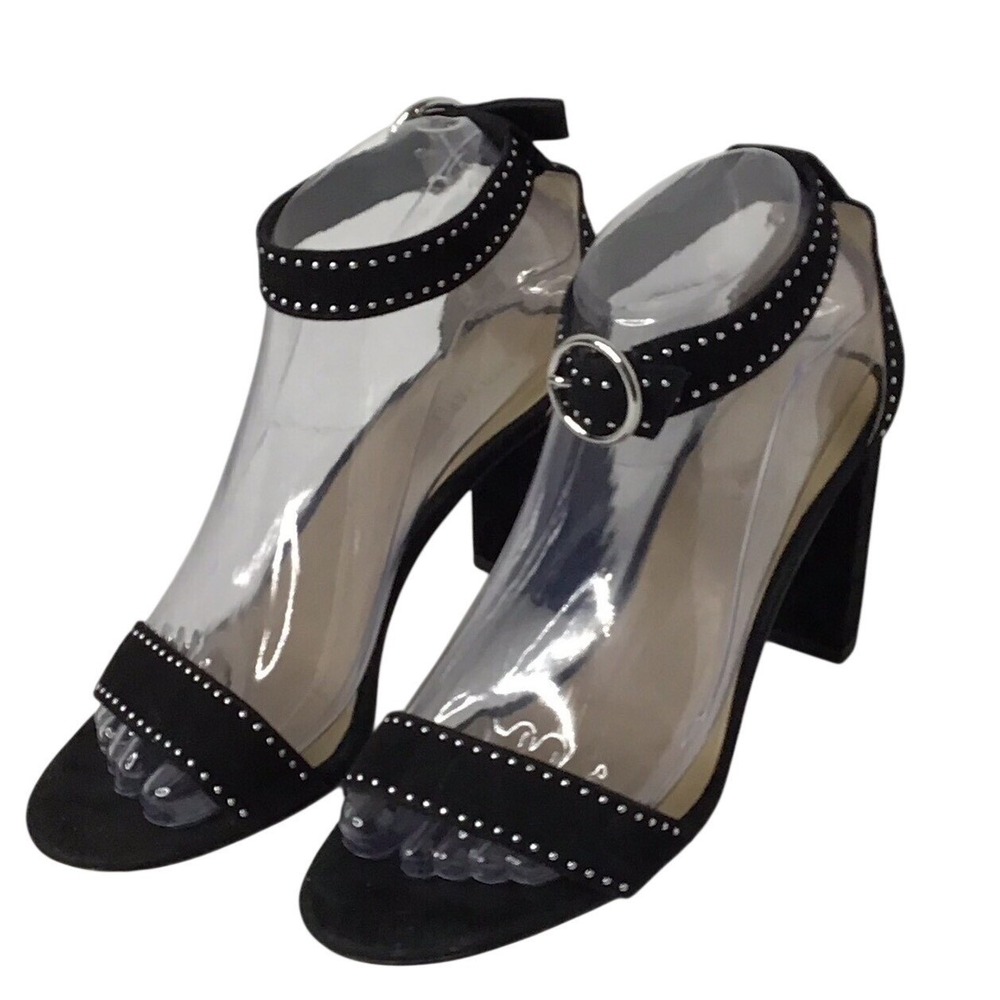 Ann Taylor Womens Black Suede Studded Ankle Strap Block Heel Sandals Size 6.5 M